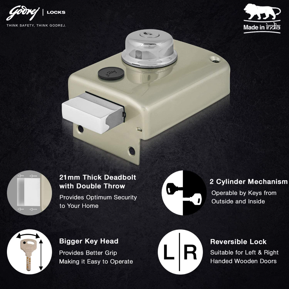 Godrej Rim Lock l 1CK Deadbolt l For Outside Opening Main  and Safety Door I For Balcony doors LeftorRight-Handed Doors l 60 mm Backset I 4 Keys l 5-Year Warranty l Satin Sliver Finish